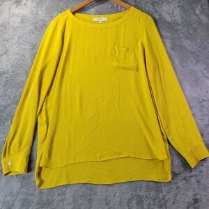 Ann Taylor LOFT Womens M Mustard Yellow Pocket Blouse LongSleeve Workwear Casual